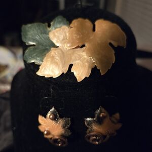 Matisse Signed Vintage Copper Enamel Leaf Earrings Clip-On & Brooch